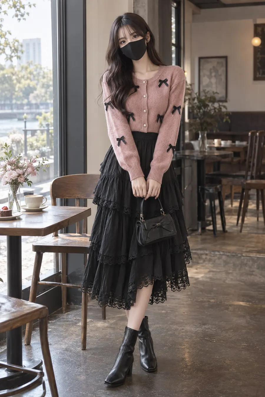 블랙 마스크와 더스티 로즈 가디건, 블랙 티어드 스커트를 착용한 성인 여성 모델