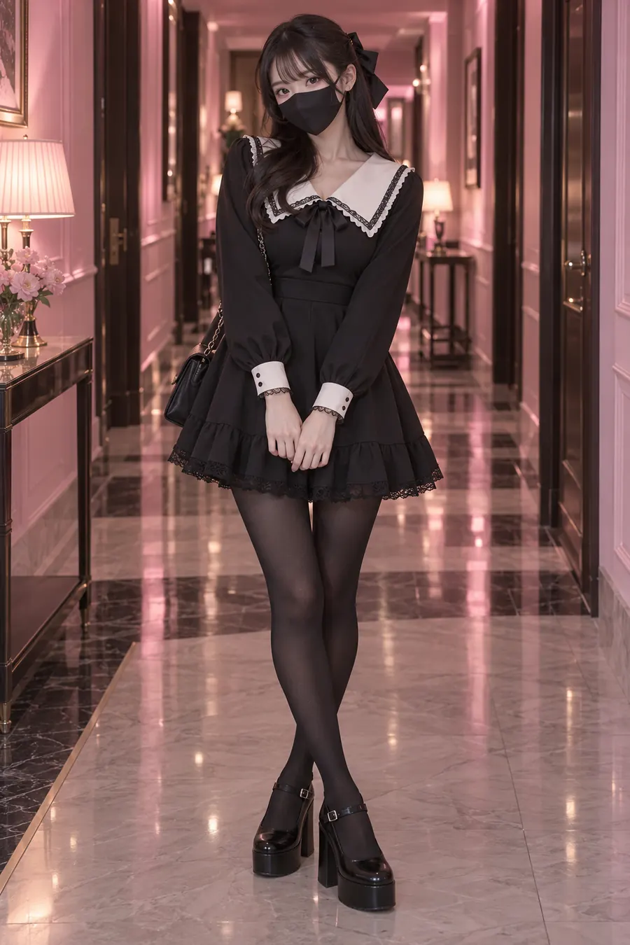 블랙 마스크와 아이보리 칼라 블랙 미니 드레스를 착용한 성인 여성 모델